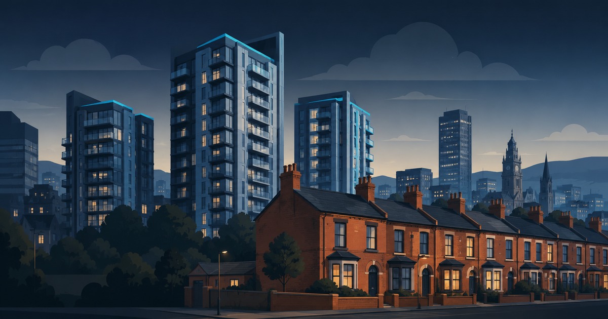 Sheffield skyline contrasting modern build-to-rent towers with Victorian terraced housing